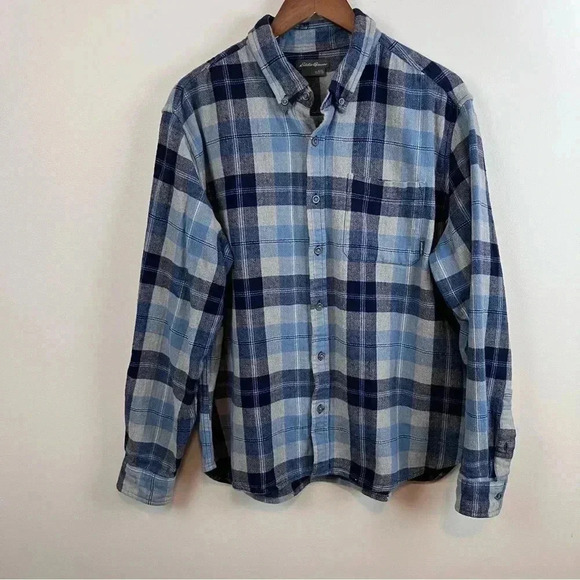 EDDIE BAUER blue heavy cotton plaid flannel button down shirt MEN'S SIZE XXL - Picture 1 of 7